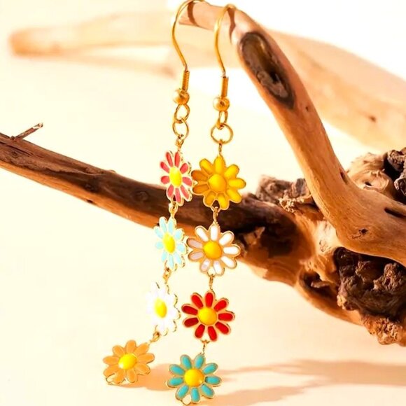Earrings Flower Enamel Dangle Simple Boho Drop Colorful Retro Fun Trendy Stylish - Picture 2 of 5